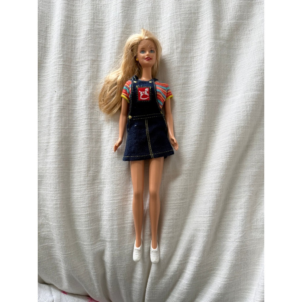 Vintage Barbie Mattel Doll Blonde Denim Overall Dress Striped Shirt Sneakers 90s